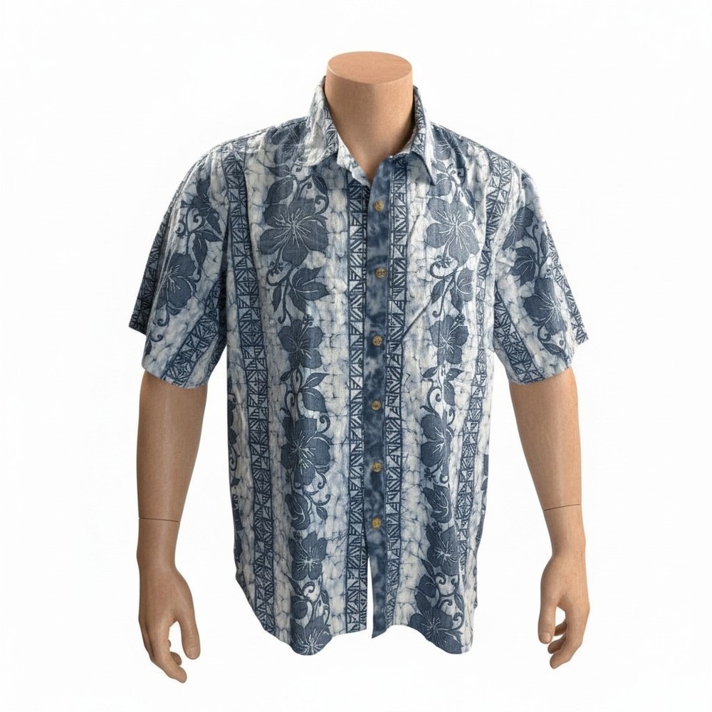 Cooke Street Hawaiian Aloha Shirt XL Tribal Floral Stripes Reverse Print